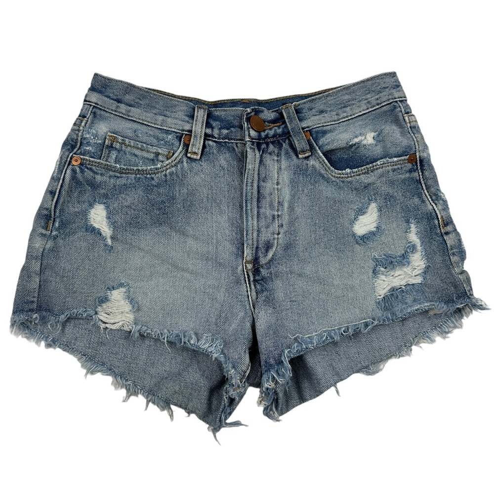 Blank NYC Distressed High Rise Button Fly Light Wash Denim Shorts Sz‎ 24 Cotton